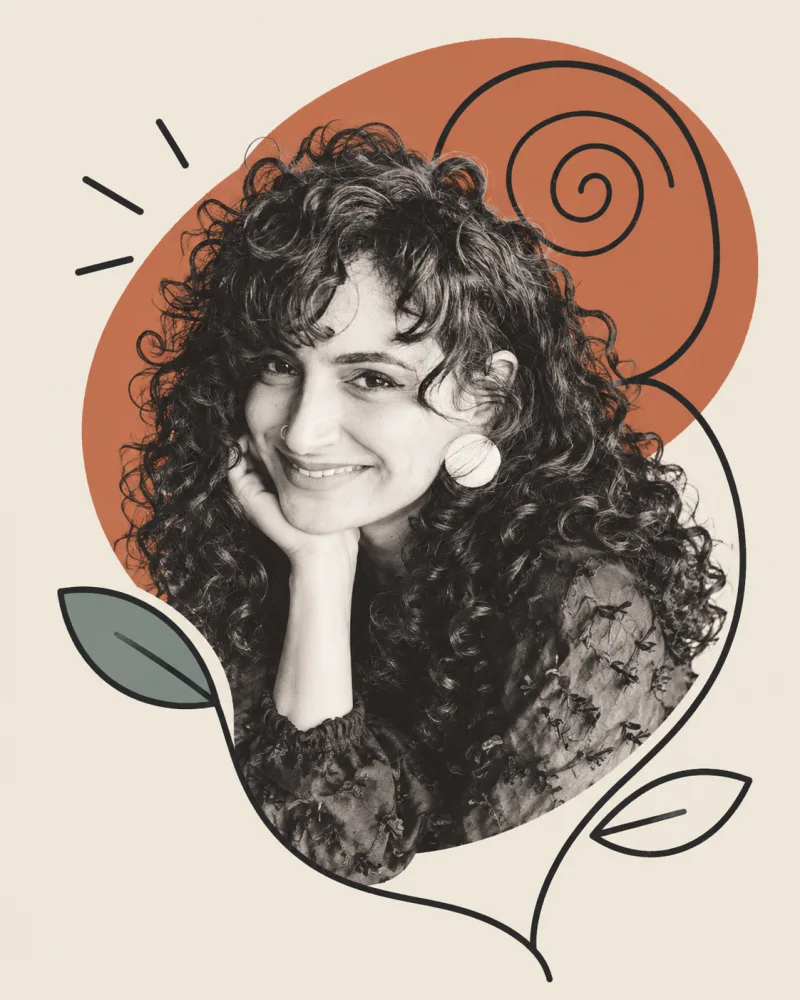 Black-and-white portrait of Ruba Shamshoum smiling, her chin resting on her hand, framed by a terracotta shape and a hand-drawn rose stem with leaves